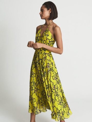 Reiss TESSA Lime Print Midi Dress Yellow Black