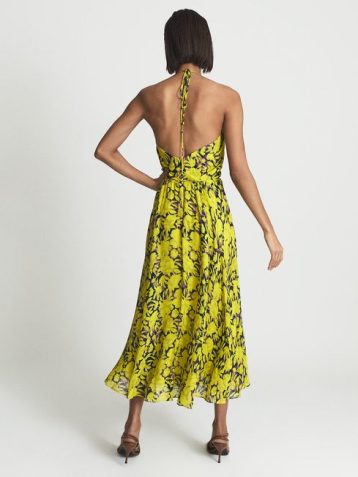 Reiss TESSA Lime Print Midi Dress Yellow Black