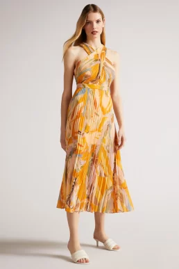 Ted Baker Ansa Cross Front Pleated Midi Dress Orange Multi