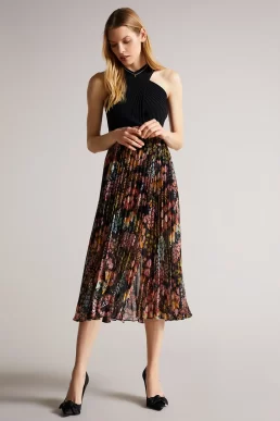 Ted Baker Aquila Cross Front Pleated Dress With Knit Bodice Black multi