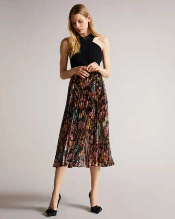 Ted Baker Aquila Cross Front Pleated Dress With Knit Bodice Black multi