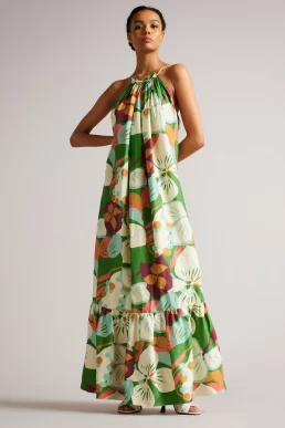 Ted Baker Dulina Strappy Linen Maxi Dress With Pleat Detail Green Multi