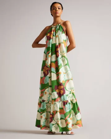 Ted Baker Dulina Strappy Linen Maxi Dress With Pleat Detail Green Multi