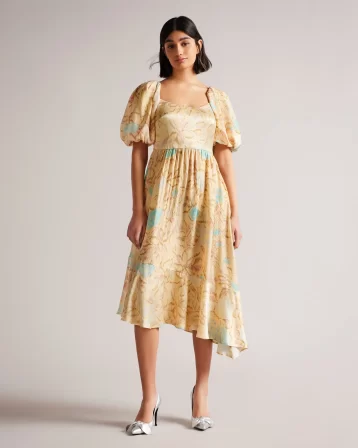 Ted Baker Emer MIB Asymmetrical Floral Dress Light Yellow Beige Multi