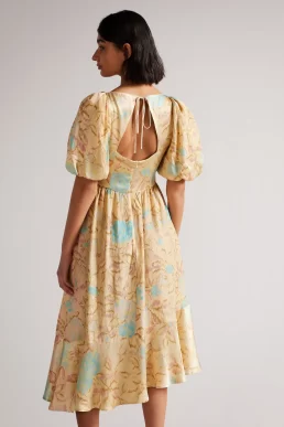 Ted Baker Emer MIB Asymmetrical Floral Dress Light Yellow Beige Multi