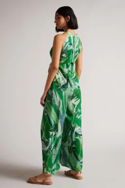 Ted Baker Ismey Halterneck Jumpsuit With Wrap Bodice Detail Green Multi