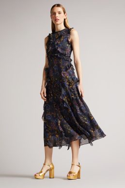 Ted Baker Karolia Sleeveless Waterfall Midi Dress Navy Multi