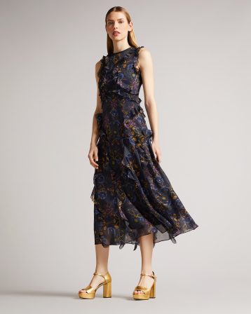 Ted Baker Karolia Sleeveless Waterfall Midi Dress Navy Multi