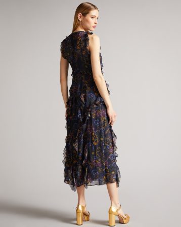 Ted Baker Karolia Sleeveless Waterfall Midi Dress Navy Multi