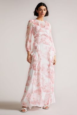 Ted Baker Kenddle Frill Detail Maxi Dress Pale Pink Blush White