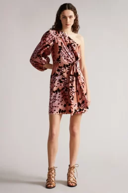 Ted Baker Larae One Shoulder Mini Dress With Tie Waist Pink Black