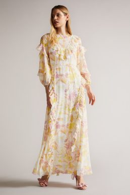 Ted Baker Leyona Printed Full Sleeve Waterfall Midi Dress Yellow Multi White