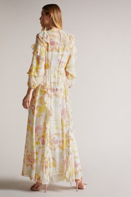 Ted Baker Leyona Printed Full Sleeve Waterfall Midi Dress Yellow Multi White