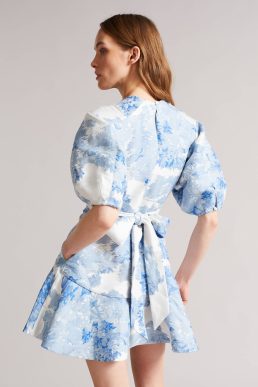 Ted Baker Phelina Puff Sleeve Jacquard Mini Dress Pale Blue White