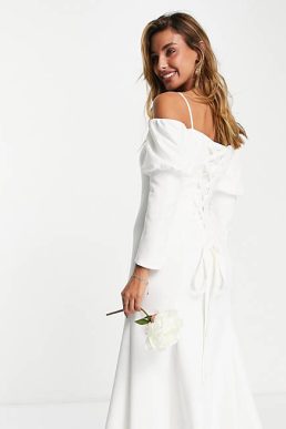 Vila Bridal corset back maxi dress with button detail sleeves in white
