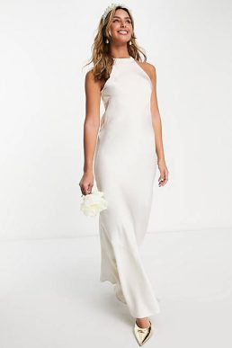 Vila Bridal halterneck maxi dress in cream satin Birch