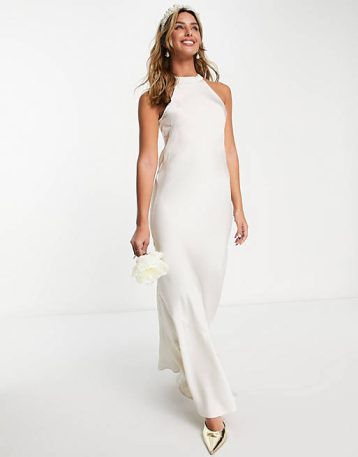 Vila Bridal halterneck maxi dress in cream satin Birch