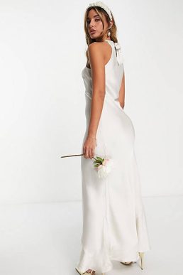Vila Bridal halterneck maxi dress in cream satin Birch