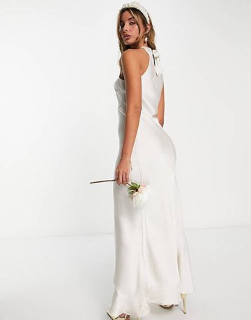 Vila Bridal halterneck maxi dress in cream satin Birch