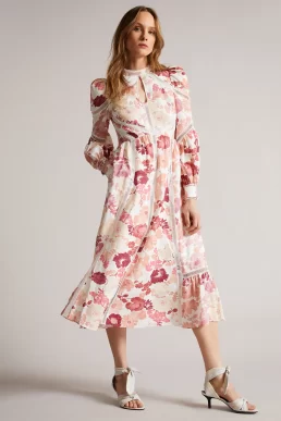 Ted Baker Denissa Floral Print Midi Dress Pink Multi