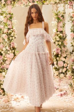 Needle & Thread Bijou Rose Off Shoulder Ankle Gown White Pink