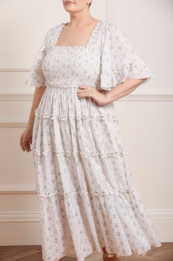 Needle & Thread Bijou Rose Smocked Day Ankle Gown Ivory blue