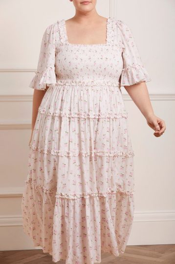Needle & Thread Bijou Rose Smocked Day Ankle Gown Ivory Pink