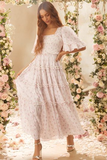 Needle & Thread Bijou Rose Smocked Day Ankle Gown Ivory Pink