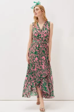 Phase Eight Brianna Pleated Print Dress Pink Green