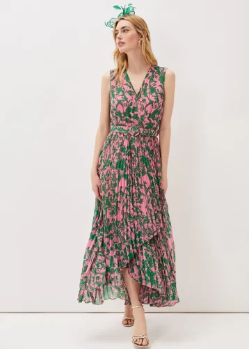 Phase Eight Brianna Pleated Print Dress Pink Green