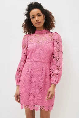 Phase Eight Doris Guipure Lace Highneck Dress Candy Pink