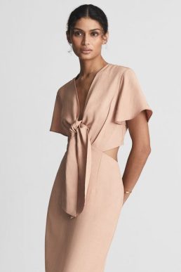 Reiss IONA Tie Waist Bodycon Midi Dress Light Pink Blush