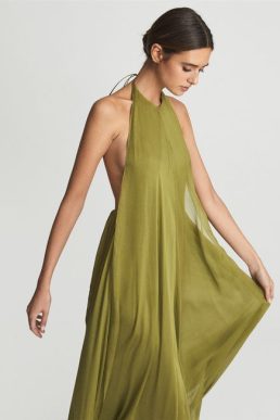 Reiss JUDE Halter Neck Silk Maxi Dress Lime Green