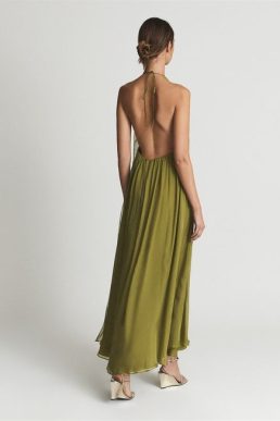 Reiss JUDE Halter Neck Silk Maxi Dress Lime Green