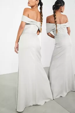 ASOS EDITION satin bardot drape wrap maxi dress in sage green