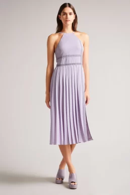 Ted Baker Camylie Lace Insert Asymmetric Pleat Midi Dress Lilac Purple
