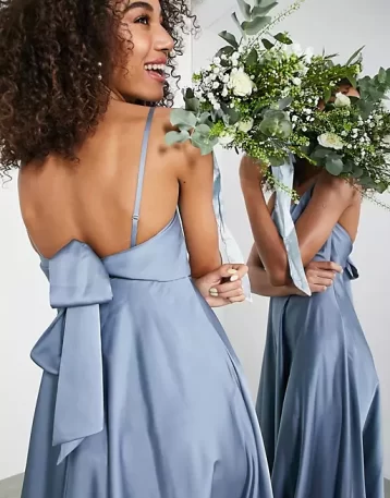 ASOS EDITION satin midi dress with tie back in dusky blue