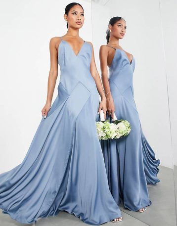 ASOS EDITION satin plunge maxi dress with cross back in dusky blue