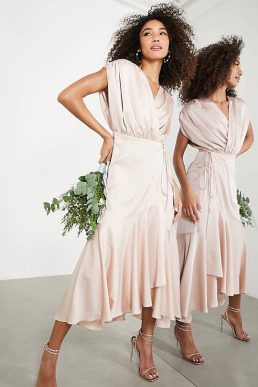 ASOS EDITION satin wrap midi dress with ruched detail in blush