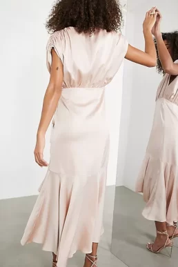 ASOS EDITION satin wrap midi dress with ruched detail in blush