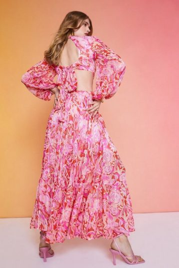 Coast Alexandra Farmer Cutout Balloon Sleeve Maxi Dress Pink Multi