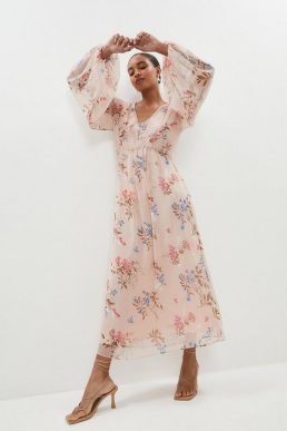 Coast Blouson Sleeve Printed Chiffon Midaxi Dress Pink Blush