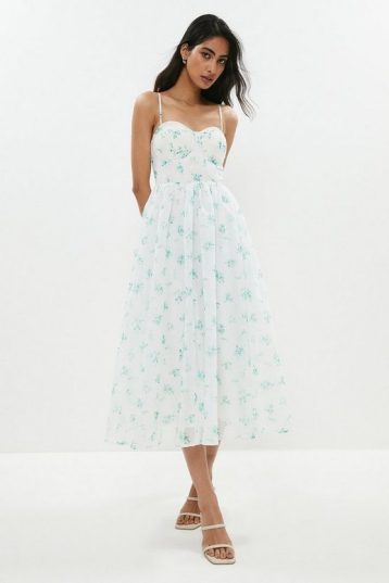 Coast Bustier Bodice Printed Midi Dress Blue White