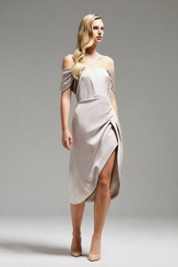 Coast Norman Hartnell Drape Sleeve Corset Midi Dress Oyster