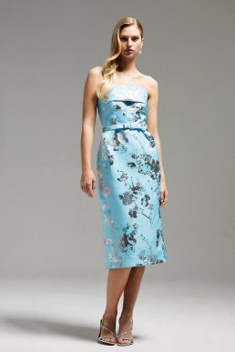 Coast Norman Hartnell Jacquard Belted Pencil Dress Blue Silver