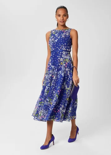 Hobbs Carly Floral Fit and Flare Dress Blue Multi yellow