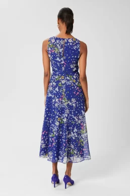 Hobbs Carly Floral Fit and Flare Dress Blue Multi yellow