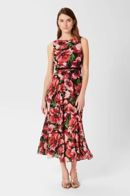 Hobbs Carly Floral Midi Dress Red Multi