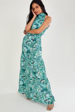 Monsoon Arlo halter print maxi dress green blue