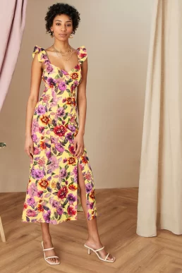 Monsoon Bethany floral midi dress in sustainable cotton yellow multi